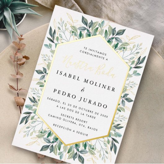 Elegant groen goud bladeren Nuestra Boda bruiloft Folie Uitnodiging
