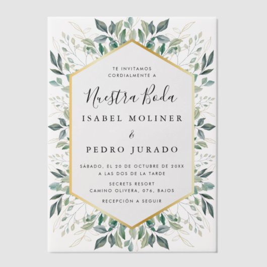 Elegant groen goud bladeren Nuestra Boda bruiloft Vellum Uitnodigingen (Voorkant)