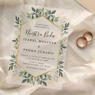 Elegant groen goud bladeren Nuestra Boda bruiloft Vellum Uitnodigingen