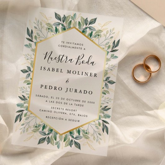 Elegant groen goud bladeren Nuestra Boda bruiloft Vellum Uitnodigingen