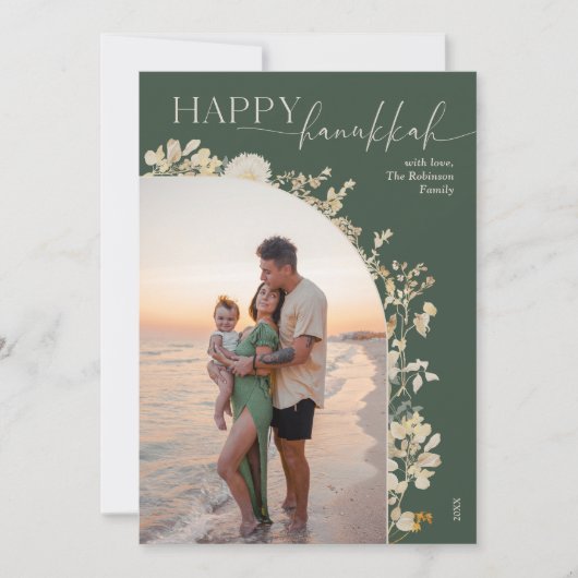 Elegant Groen Goud Bloemen Gelukkig Chanoeka Feestdagenkaart (Voorkant)