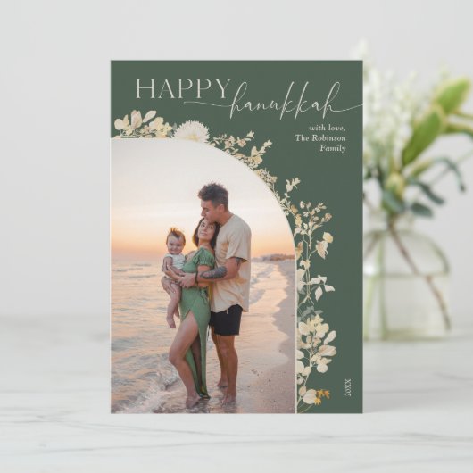 Elegant Groen Goud Bloemen Gelukkig Chanoeka Feestdagenkaart (Staand voorkant)