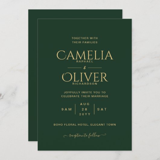 Elegant Groen Goud Bruiloft Kaart (Voorkant / Achterkant)