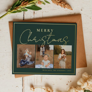 Elegant groen goud drie foto collage met Lijst Folie Feestdagen Briefkaart