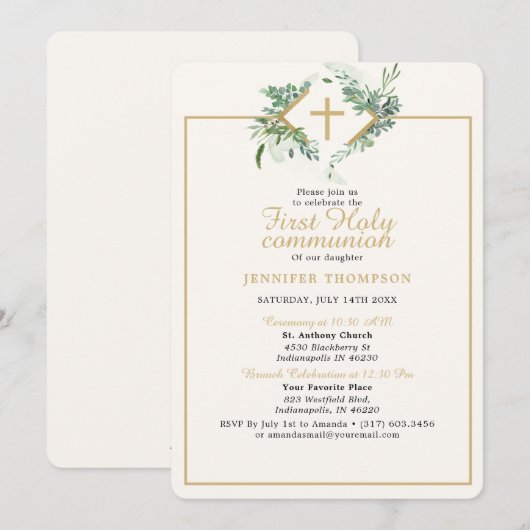 Elegant groen goud eerste communie kaart (Voorkant / Achterkant)