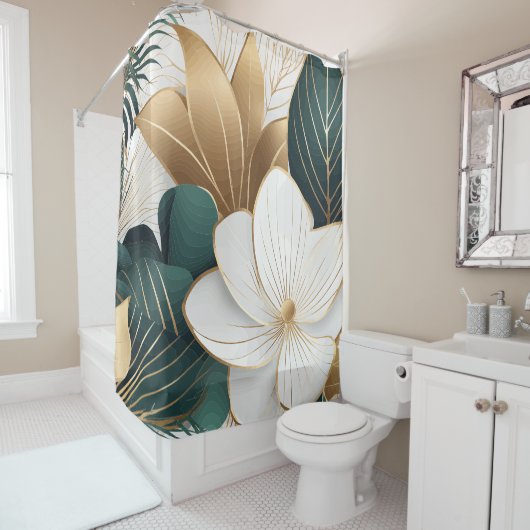 Elegant Groen Goud en Witte Bloemen Douchegordijn (In situ)