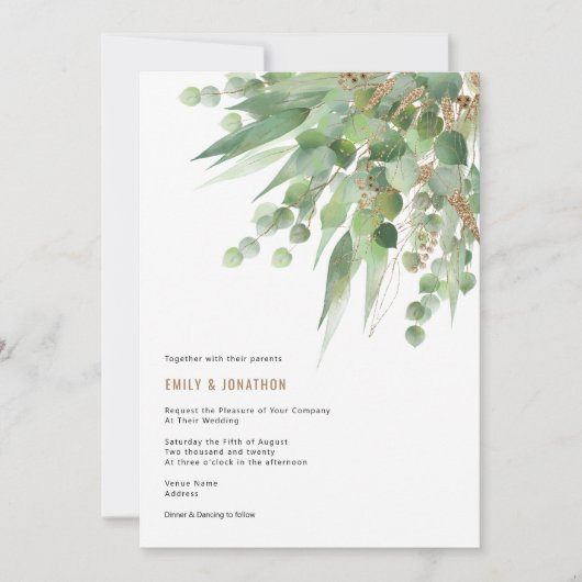 Elegant Groen Goud Eucalyptus Blad Bruiloft Kaart (Voorkant)
