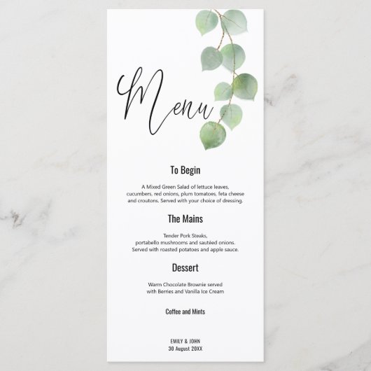 Elegant Groen Goud Eucalyptus Blad Script bruiloft Menu (Voorkant)