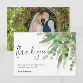 Elegant groen goud eucalyptus laat script foto bedankkaart (Voorkant / Achterkant)