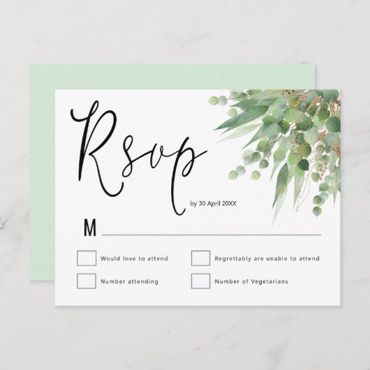 Elegant Groen Goud Eucalyptus Script Bruiloft RSVP Briefkaart (Voorkant / Achterkant)