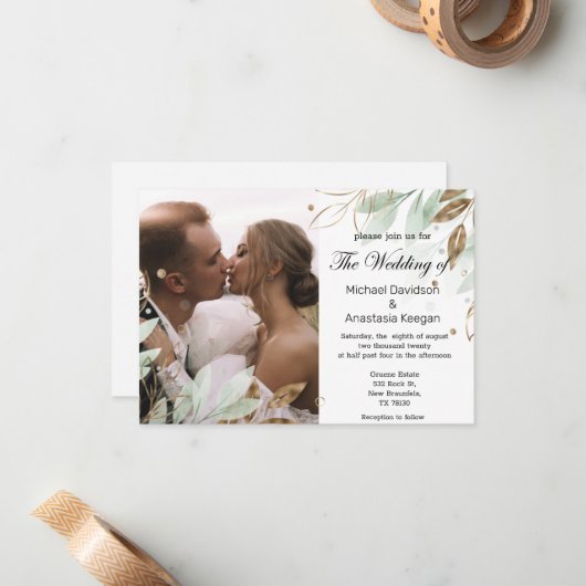 elegant groen goud floral bruiloft foto uitnodigin notitiekaartje (Voorkant / Achterkant in situ)