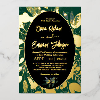 Elegant groen goud geometrisch Lijst bladeren Folie Uitnodiging