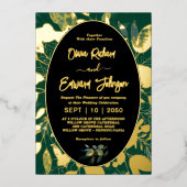 Elegant groen goud geometrisch Lijst bladeren Folie Uitnodiging (Voorkant)