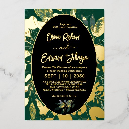 Elegant groen goud geometrisch Lijst bladeren Folie Uitnodiging (Voorkant)