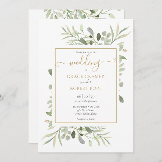 Elegant groen goud geometrisch script bruiloft kaart (Voorkant / Achterkant)