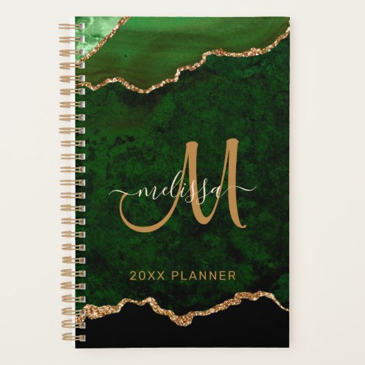 Elegant Groen Goud Glitter Agaat Monogram 2024 Planner (Voorkant)