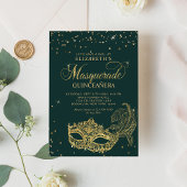 Elegant Groen Goud Glitter Masquerade Quinceañera Kaart