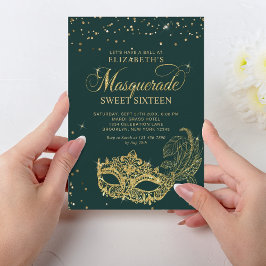 Elegant Groen Goud Glitter Masquerade Sweet 16 Kaart