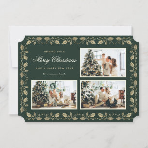 Elegant groen goud Holly familie 3 foto Feestdagenkaart