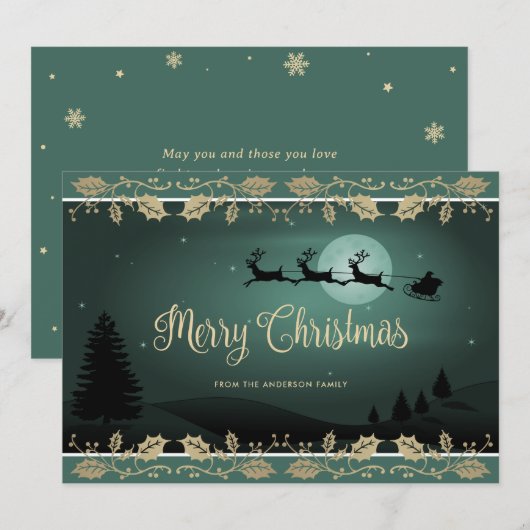 Elegant Groen Goud Holly Santa Vrolijk Kerstfeest Feestdagenkaart (Voorkant / Achterkant)