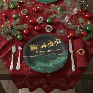 Elegant Groen Goud Kerstman Slede Vrolijk Kerstfee Papieren Bordje