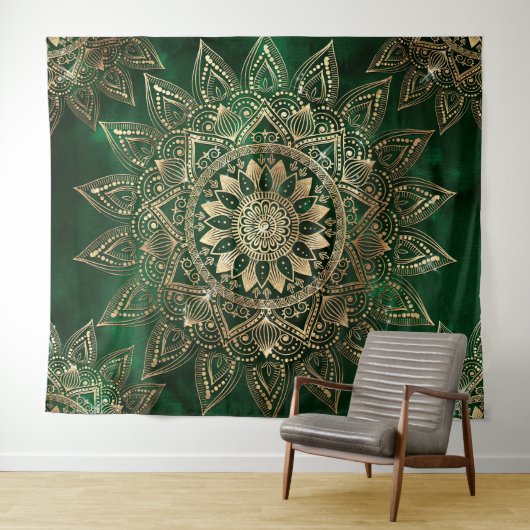 Elegant Groen Goud Mandala Wandkleed (In Situ (horizontaal))