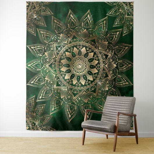 Elegant Groen Goud Mandala Wandkleed (In situ)