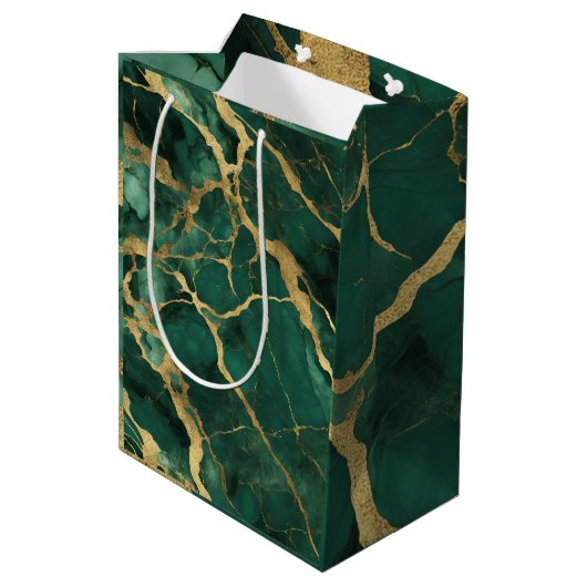 Elegant Groen Goud Marmer Medium Cadeauzakje (Achterkant Gekanteld)