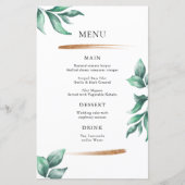 Elegant groen & goud minimalistische bruiloft menu (Voorkant)