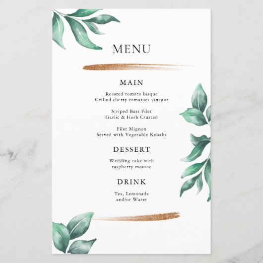 Elegant groen & goud minimalistische bruiloft menu (Voorkant)