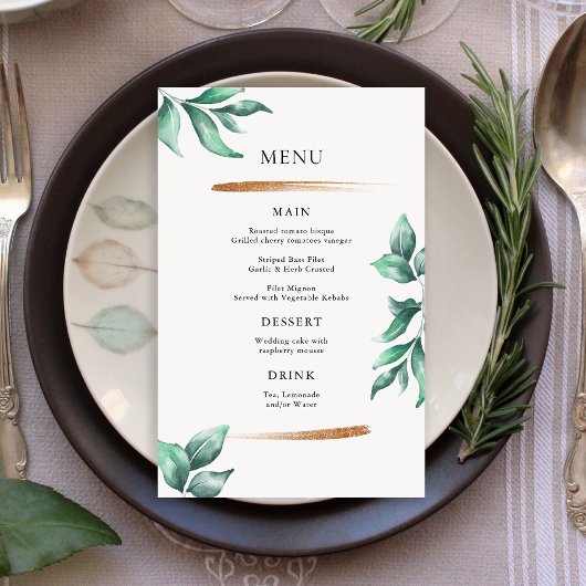 Elegant groen & goud minimalistische bruiloft menu