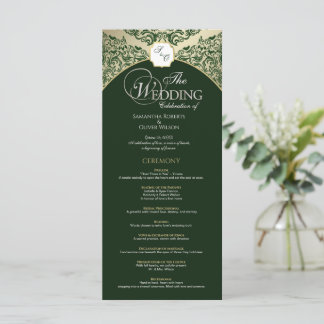 Elegant Groen & Goud Monogram Trouwprogramma Programmakaart