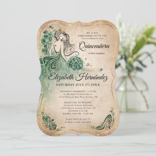 Elegant Groen Goud Prinses Quinceanera Verjaardag Kaart (Staand voorkant)