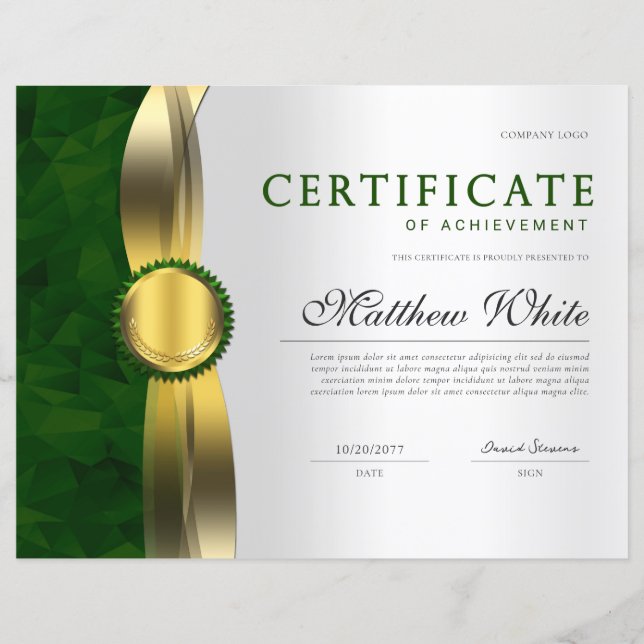 Elegant Groen Goud Professioneel Certificaat Award (Voorkant)