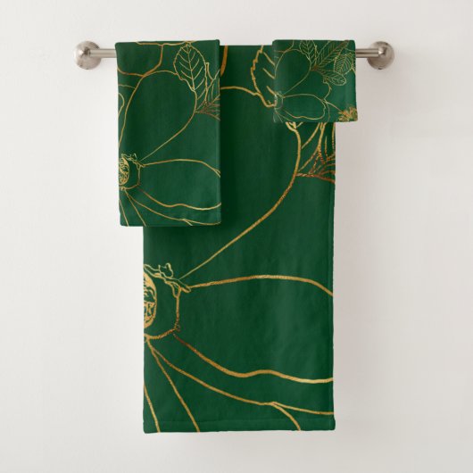 Elegant Groen Goud Rozen Bloemenlijn Tekening Bad Handdoek (Insitu)