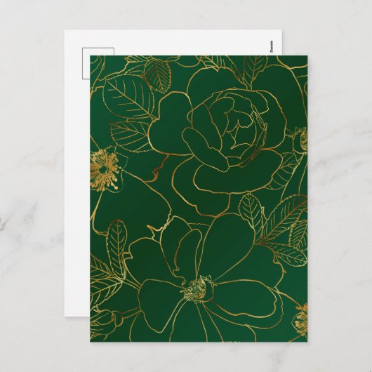 Elegant Groen Goud Rozen Bloemenlijn Tekening Feestdagenkaart (Voorkant / Achterkant)