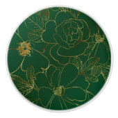 Elegant Groen Goud Rozen Bloemenlijn Tekening Keramische Knop (Voorkant)