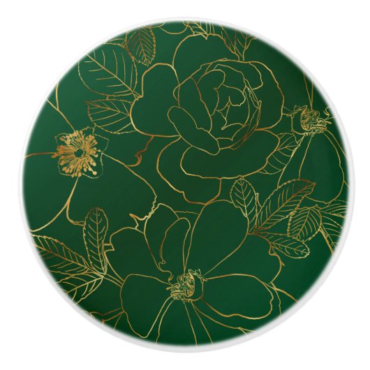 Elegant Groen Goud Rozen Bloemenlijn Tekening Keramische Knop (Voorkant)