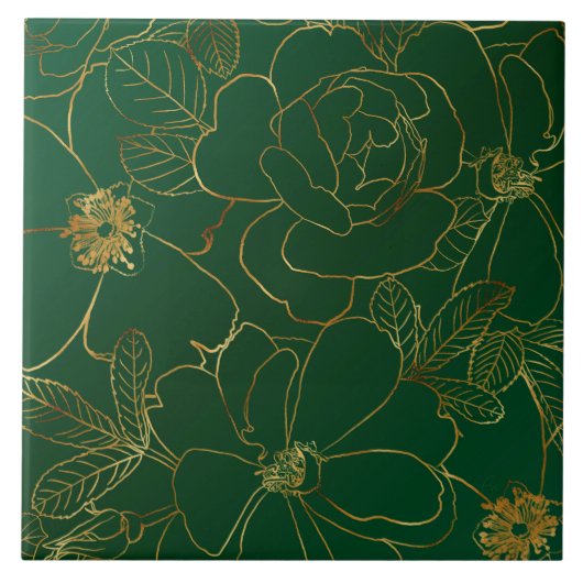 Elegant Groen Goud Rozen Bloemenlijn Tekening Tegeltje (Voorkant)