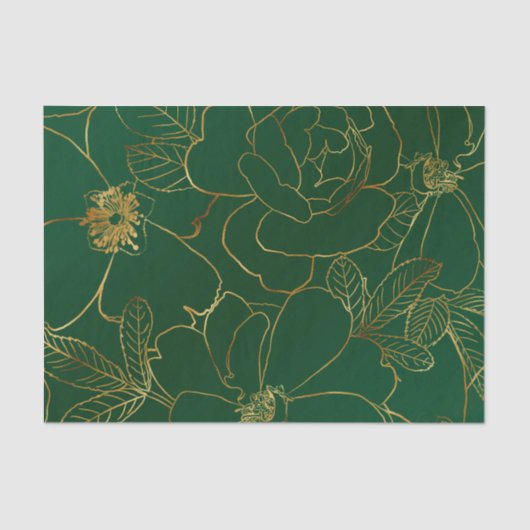 Elegant Groen Goud Rozen Bloemenlijn Tekening Tissuepapier (Voorkant)
