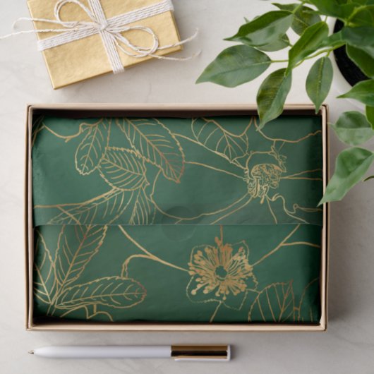 Elegant Groen Goud Rozen Bloemenlijn Tekening Tissuepapier (Geschenk)