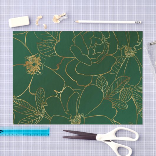 Elegant Groen Goud Rozen Bloemenlijn Tekening Tissuepapier (Craft)