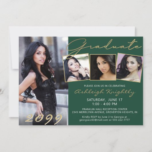 Elegant Groen Goud Script 4 Foto Afstuderen Kaart (Voorkant)