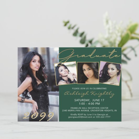 Elegant Groen Goud Script 4 Foto Afstuderen Kaart (Staand voorkant)