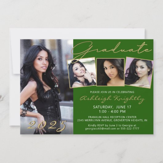 Elegant Groen Goud Script 4 Foto Afstuderen Kaart (Voorkant)