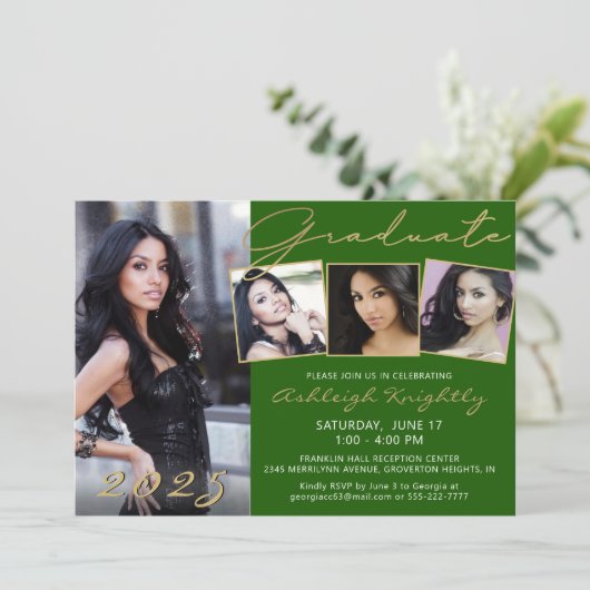 Elegant Groen Goud Script 4 Foto Afstuderen Kaart (Staand voorkant)
