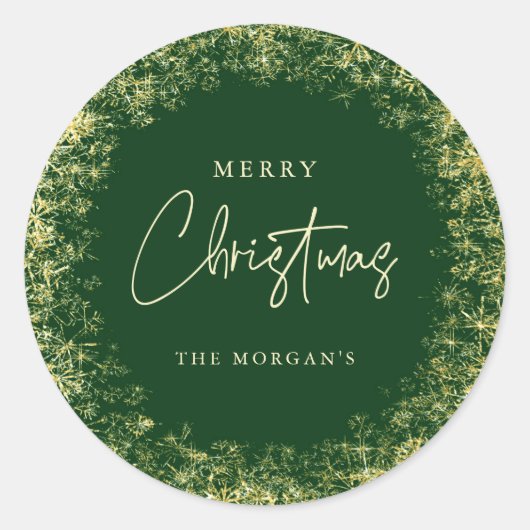 Elegant Groen Goud Sneeuwvlokken Vrolijk Kerstfees Ronde Sticker (Voorkant)