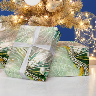 Elegant Groen & Goud Swirled Bloemen Kralen Parel Cadeaupapier