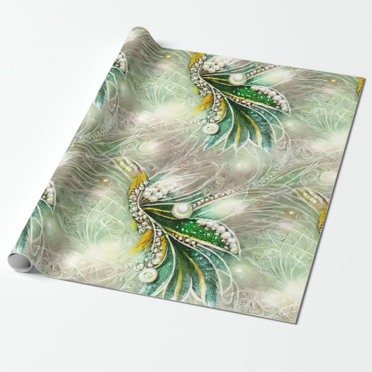 Elegant Groen & Goud Swirled Bloemen Kralen Parel Cadeaupapier (Uitgerold)