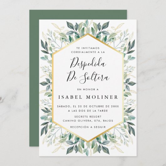 Elegant groen goud verlaat Spaans Vrijgezellenfees Kaart (Voorkant / Achterkant)
